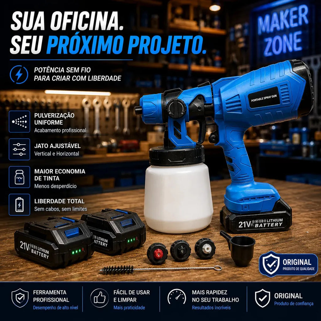 🔥 Pistola de Pintura Sem Fio 1000ml + BRINDE EXCLUSÍVO! 2 Baterias | Profissional